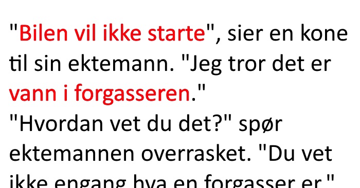 Kona sier det er vann i forgasseren. Grunnen? Jeg ler så tårene triller!