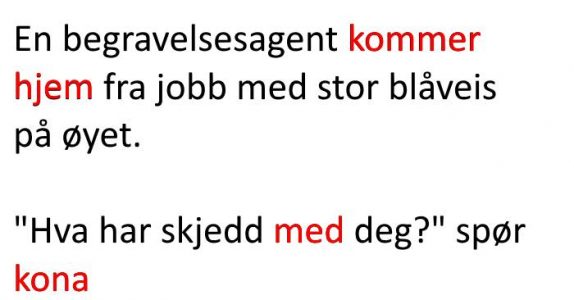 Begravelsesagenten kommer hjem med blåveis. Forklaringen? Jeg ler så jeg rister!