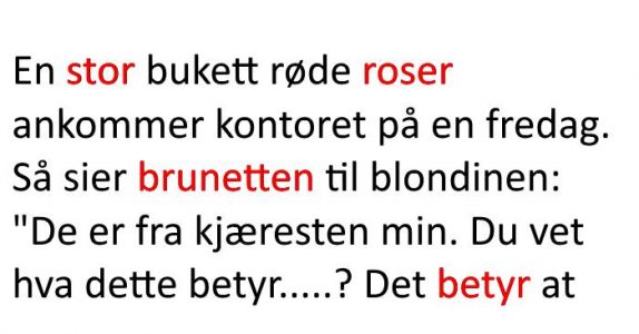 En stor bukett roser blir levert på kontoret. Grunnen? Jeg ler så tårene spruter!