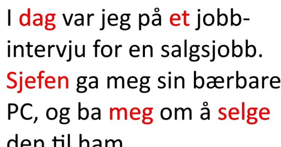 Han er på et jobbintervju for å få seg jobb som selger. Og gjett om han gjorde inntrykk! Fantastisk!